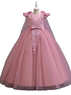 Girls Elegant Pink Lace & Pearl Embellished Ball Gown Formal Dress with Cape Tra